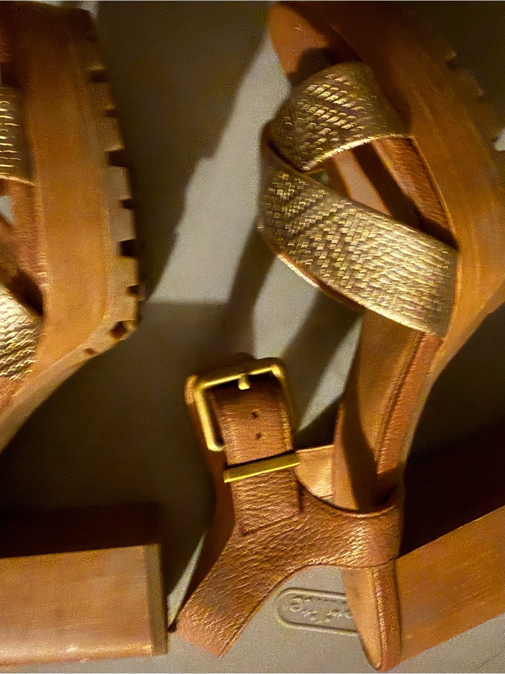 Crown Vintage Gold Braided-Strap Tan Leather Block-Heel Sandals